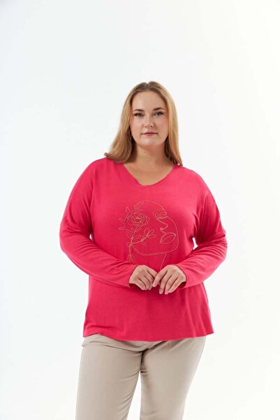 RMG KADIN FUŞYA RMG YUMUŞAK DÖKÜMLÜ TRİKO TARZI KUMAŞ V YAKA BÜYÜK BEDEN BLUZ...