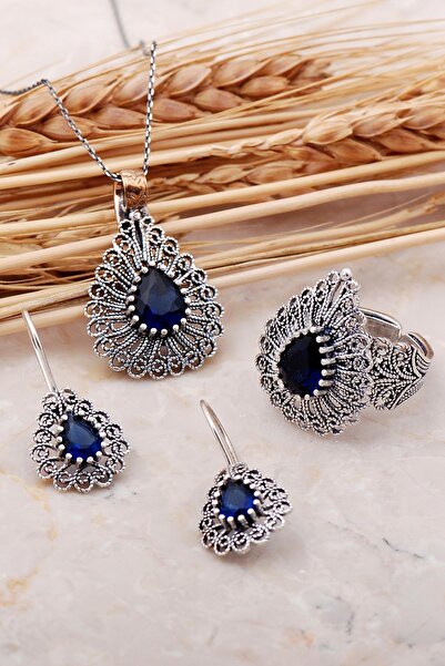 Sümer Telkari Safir Taşlı Telkari Elişi Damla Gümüş Set 2377