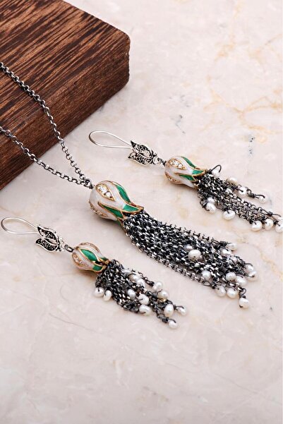 Sümer Telkari Mineli Laleli Tasarım Uzun Kolyeli Ikili Set 2036