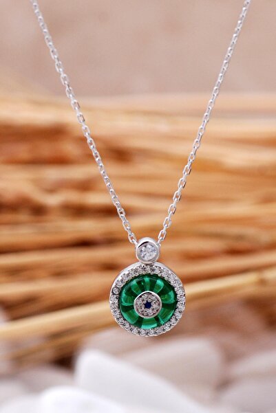 Sümer Telkari Yeşil Cam Göz Rodyumlu Gümüş Kolye 01