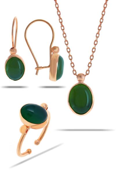 Sümer Telkari Yeşim Taşlı Rose Gümüş Set 2311