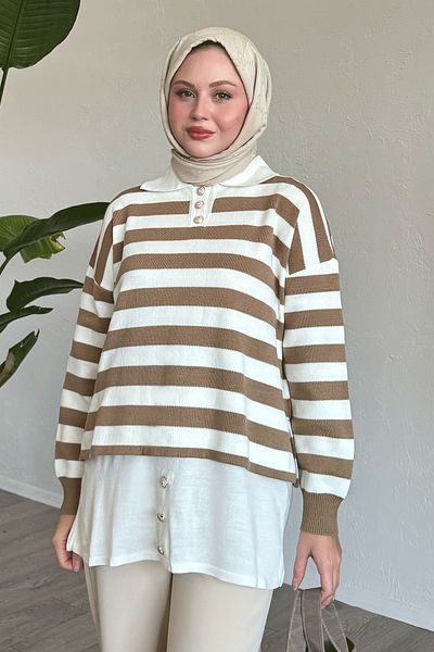 InStyle Milchbraune Strick-Tunika mit Knöpfen am Saum