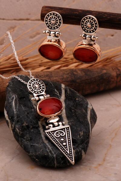 Sümer Telkari Mercan Antik Tasarım Elişi Gümüş Set 2096