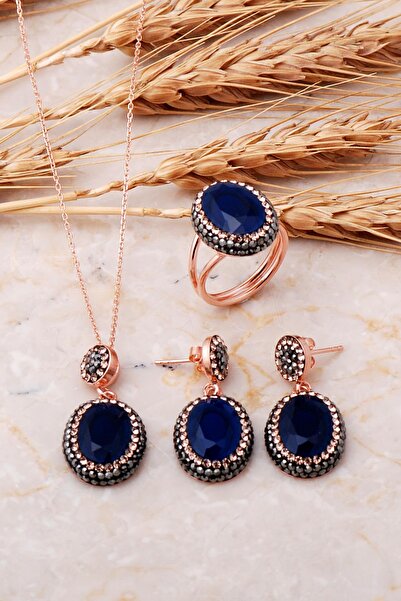 Sümer Telkari Safir Rose Gümüş Set 2535