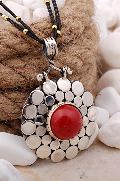 Sümer Telkari Mercan Taşlı Pullu Elişi Gümüş Kolye 7432