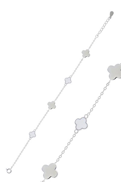 Sümer Telkari Yoncalı Beyaz Mineli Rodyumlu Gümüş Bileklik 3776