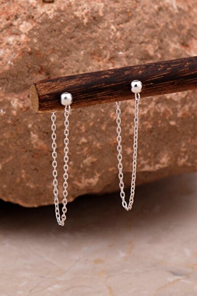 Sümer Telkari Top Tasarım Rodyumlu Gümüş Zincir Küpe 6106