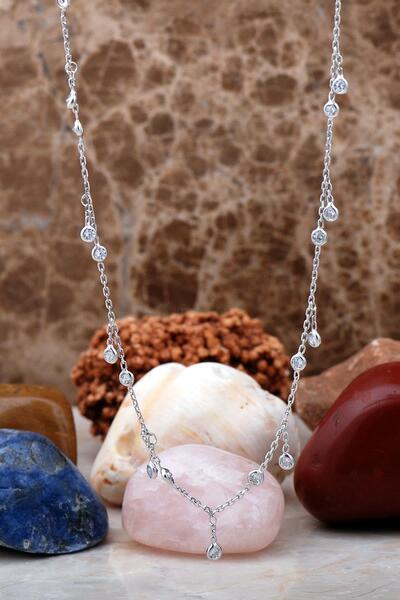 Sümer Telkari Sıra Taşlı Rodyumlu Gümüş Choker Kolye 7235