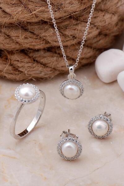 Sümer Telkari İnci Taşlı Rodyumlu Gümüş Trend Üçlü Set 2489