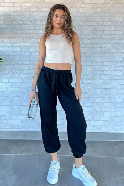 GÜLSELİ Pantaloni negri cu nervuri cu picioare elastice