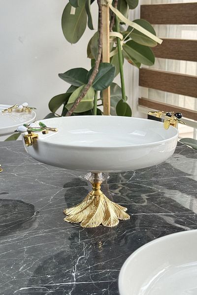 MAY HOME وعاء تقديم ذهبي ذو قدم زيتونية - سلسلة زيتونية