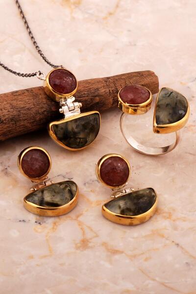 Sümer Telkari Rutil Kuvars ve Agat Taşlı Tasarım Elişi Gümüş Set 2789