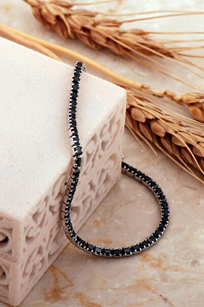 Sümer Telkari Su Yolu 2 Mm Baget Oniks Taşlı Rodyumlu Gümüş Bileklik 4644