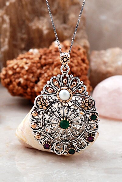 Sümer Telkari Telkari Işlemeli Inci Taşlı Tasarım Gümüş Kolye 3896