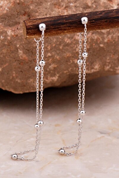 Sümer Telkari Toplu Tasarım Rodyumlu Gümüş Zincir Küpe 6109