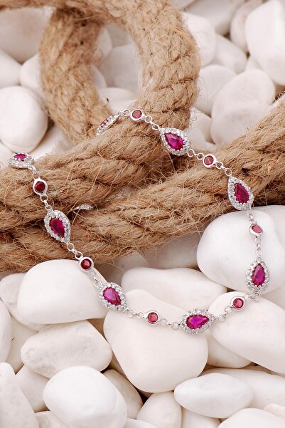 Sümer Telkari Kök Yakut Damla Montürlü Rodyumlu Gümüş Bileklik 3902