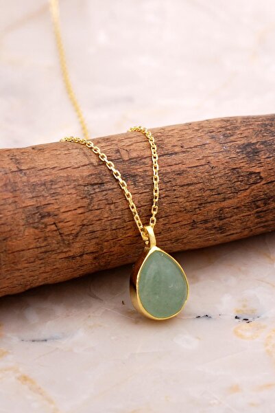 Sümer Telkari Doğal Prehnit Taşlı Damla Mini Altın Yaldızlı Gümüş Kolye 7753