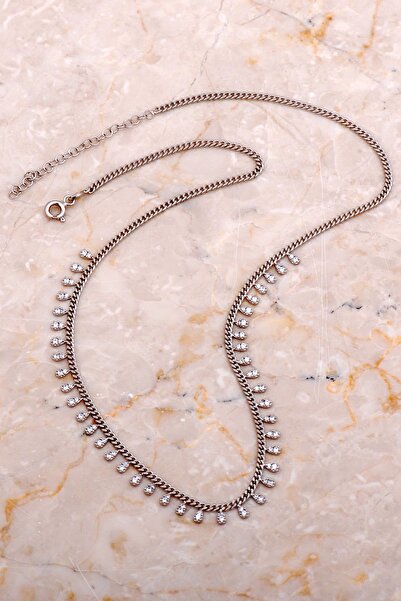 Sümer Telkari Taşlı Damla Rodyumlu Gümüş Choker Kolye 7928