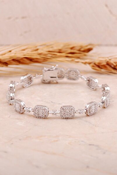 Sümer Telkari Baget Pırlanta Montürlü Rodyumlu Gümüş Bileklik 4457