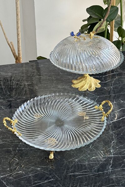 MAY HOME Metal Ayaklı Cam Fanus Sunum Seti Kek & Pasta Servisi