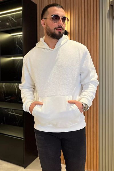 MİSHAR İTALİA Κρεμ ανδρικό φούτερ με κουκούλα καγκουρό τσέπης φλις