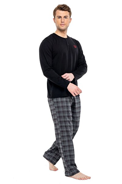 Mod Collection 3924 Erkek Siyah Patlı Uzun Kollu Pijama Takımı -siyah