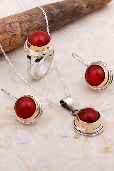 Sümer Telkari Mercan Taşlı Sarma Elişi Gümüş Set 2666