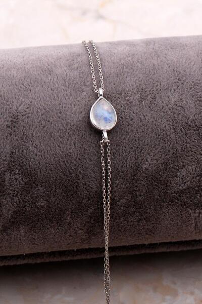 Sümer Telkari Doğal Ay Taşlı Damla Mini Rodyumlu Gümüş Bileklik 4105