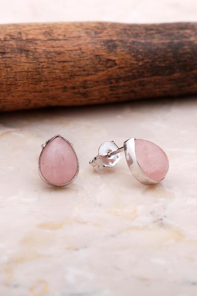 Sümer Telkari Doğal Pembe Kuvars Taşlı Damla Mini Rodyumlu Gümüş Küpe 5846