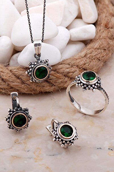 Sümer Telkari Kök Zümrüt Taşlı Gümüş Set 2563