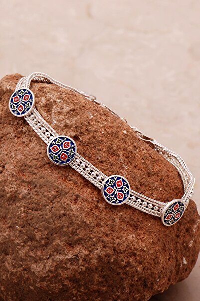 Sümer Telkari Anadolu Motifli Mineli Hasır Elişi Tasarım Gümüş Bileklik 4345