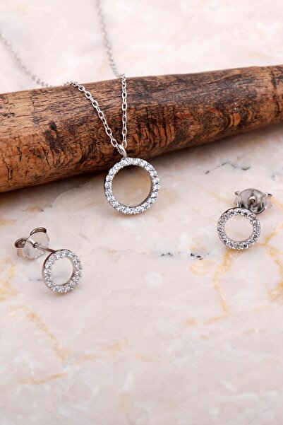 Sümer Telkari Halka Tamtur Taşlı Rodyumlu Gümüş Küpe Kolye Seti 2604