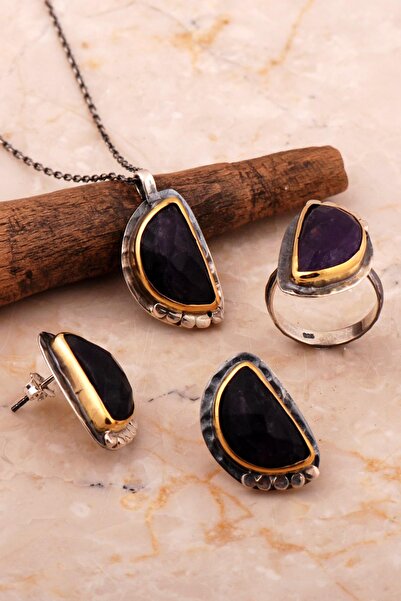 Sümer Telkari Ametist Taşlı Tasarım Elişi Gümüş Set 2794