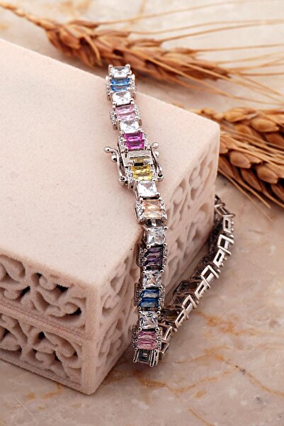 Sümer Telkari Renkli Baget Taşlı Tasarım Rodyum Kaplama Gümüş Bileklik 4649