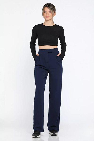 FEMİNEER.com Enter Navy Blue Women's High Waist Velcro Wide Leg Palazzo Trousers