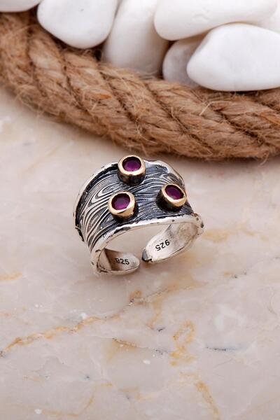 Sümer Telkari Yakut Taşlı Çekiç Dövme Elişi Gümüş Yüzük 3620