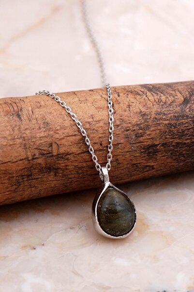 Sümer Telkari Doğal Labradorit Taşlı Damla Mini Rodyumlu Gümüş Kolye 7736