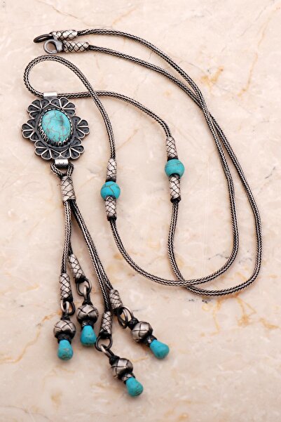 Sümer Telkari Firuze Taşlı Telkari İşlemeli Kazaziye Elişi Oksitli Gümüş Koly...