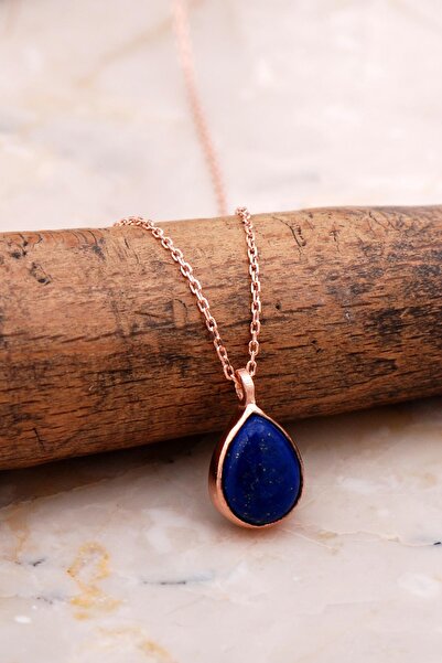 Sümer Telkari Doğal Lapis Lazuli Taşlı Damla Mini Rose Gümüş Kolye 7740