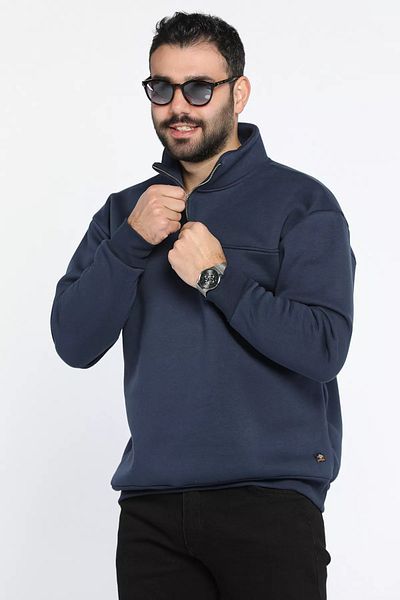 MİSHAR İTALİA Мъжки суитшърт в тъмносин цвят с яка стойка, половин цип и три нишки