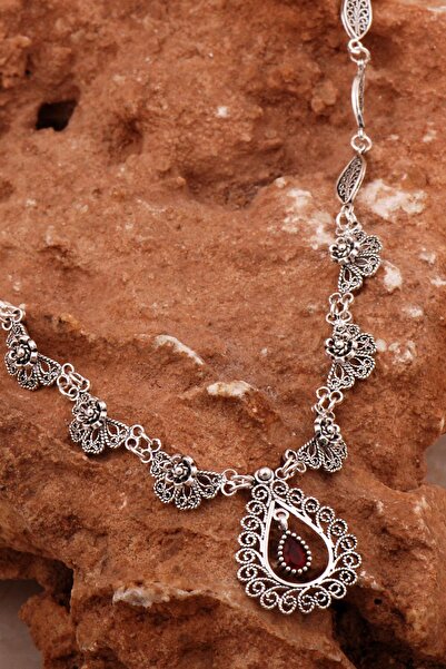 Sümer Telkari Yakut Damla Telkari İşlemeli Gümüş Gardanlık Kolye 8016