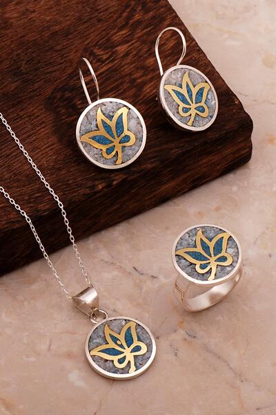 Sümer Telkari Yaprak Mozaik İşlemeli Renkli Gümüş Set 2694