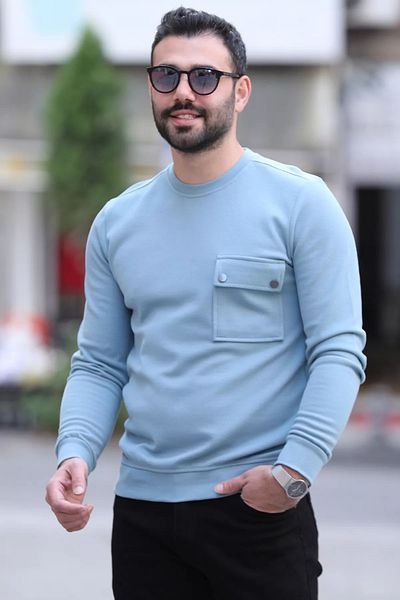 MİSHAR İTALİA Ανδρικό φούτερ με γαλάζιο λαιμόκοψη με τσέπες