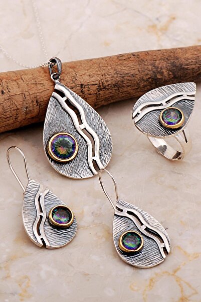 Sümer Telkari Mistik Topaz Taşlı Çekiç Dövme Elişi Damla Gümüş Set 2806