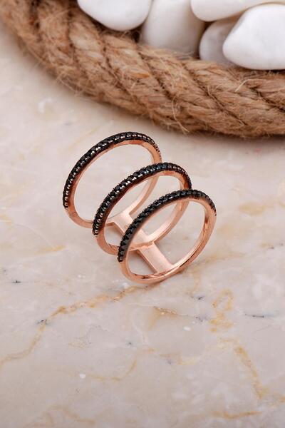 Sümer Telkari Tasarım Siyah Taşlı Rose Uzun Gümüş Yüzük 3597