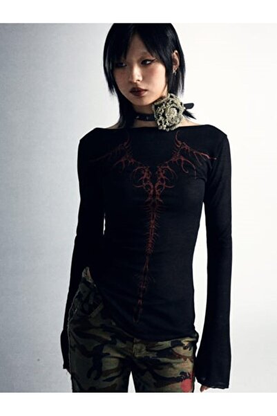 ARS Butik Black Slayer Horn Red Back Pattern Long Sleeve Blouse