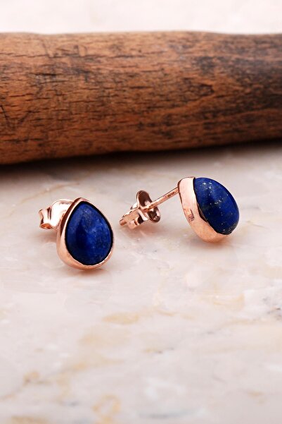 Sümer Telkari Doğal Lapis Lazuli Taşlı Damla Mini Rose Gümüş Küpe 5830