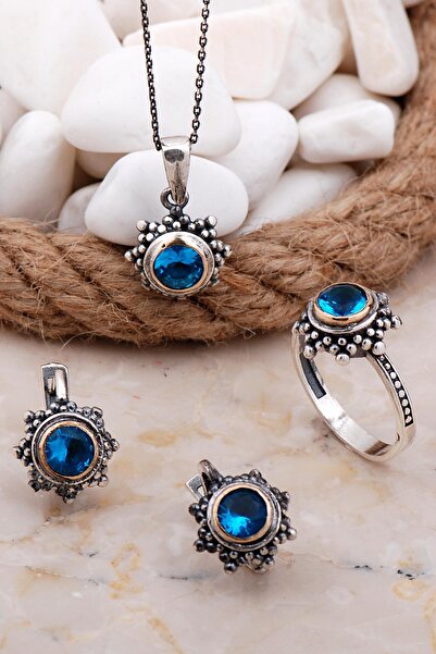 Sümer Telkari Akuamarin Taşlı Gümüş Set 2570