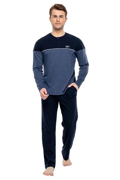 Mod Collection 3898 Men's Navy Blue Melange Patchwork Long Sleeve Pajama Set -dark bluemelange