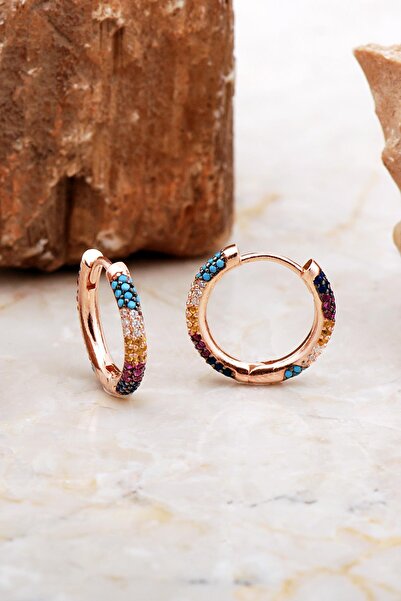 Sümer Telkari 19 Mm Tamtur Taşlı Renkli Rose Gümüş Halka Küpe 7016
